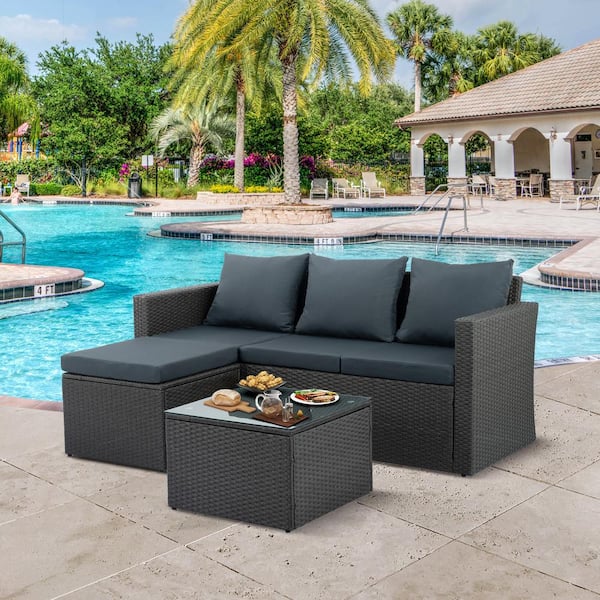 Black rattan online 3 seater sofa