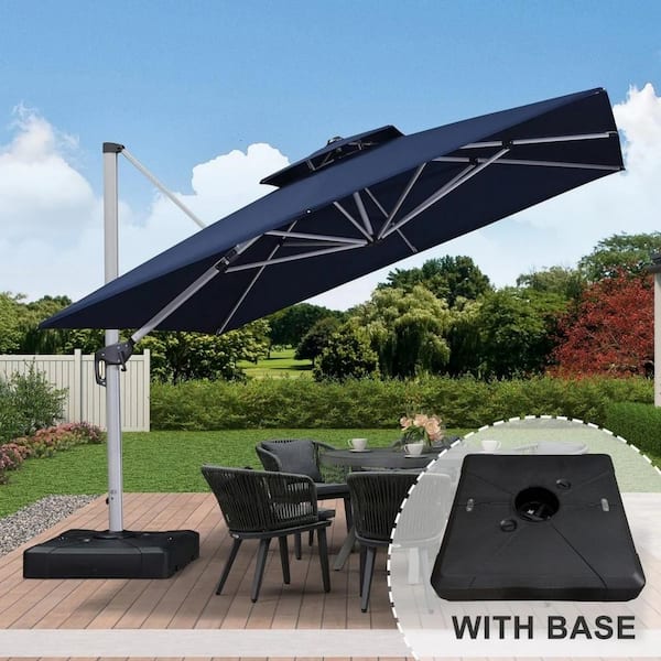 PURPLE LEAF 11 ft. Square High-Quality Aluminum Cantilever Polyester Outdoor Patio Umbrella with Stand, Navy Blue