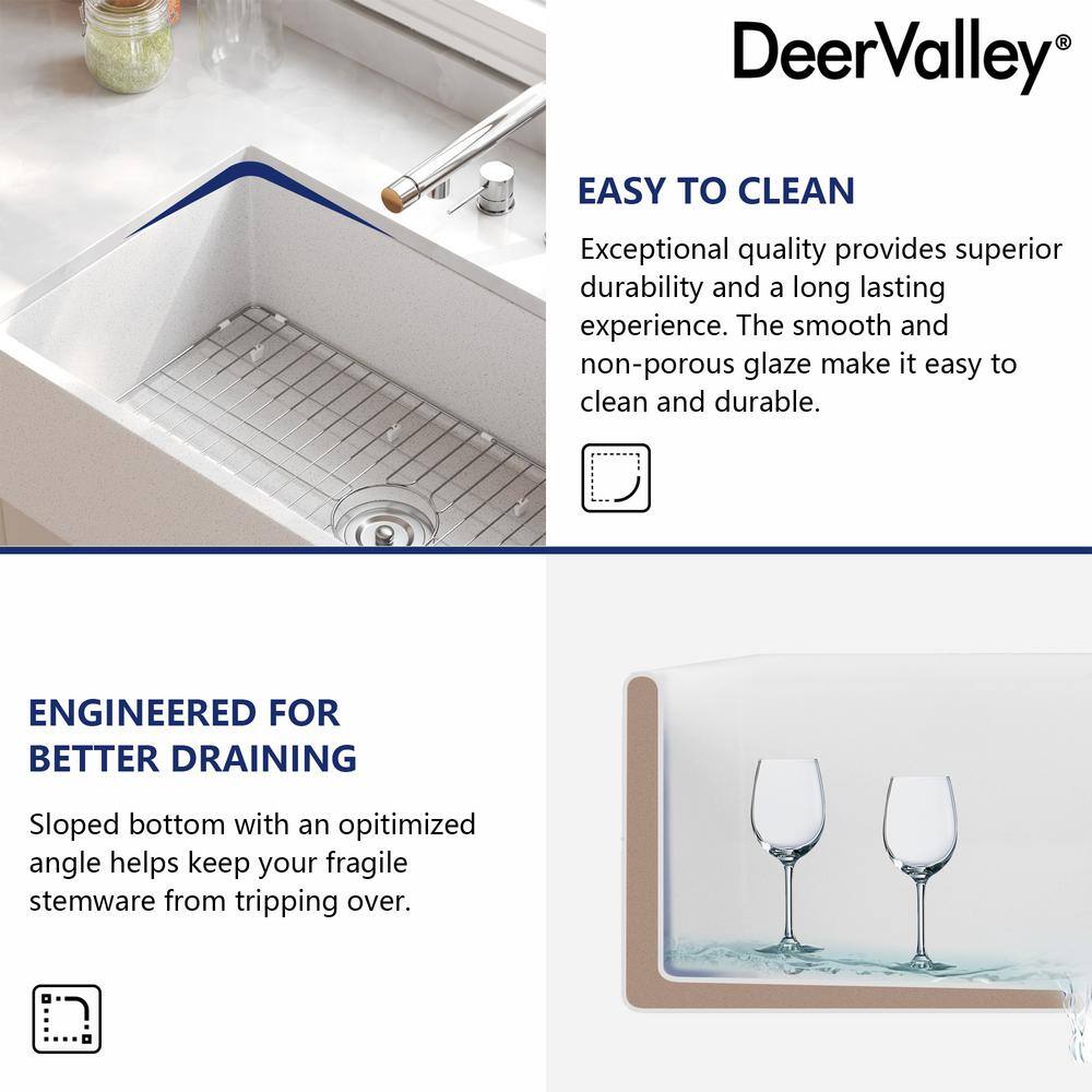 Gritty White Concrete Farmhouse Kitchen Sink with Stainless Steel Grid