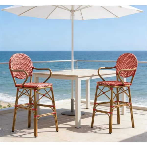 Outdoor Wicker and Aluminum French Style Bar Stool Set of 2 in Red
