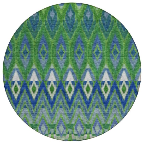 Green, Blue 8 ft. Round Woven Oriental Polyester Round Indoor/Outdoor Area Rug