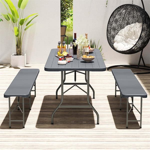 71 in. Gray Iron Rectangle Portable Folding Table with Wood Grain HDPE Tabletop Safe Lock