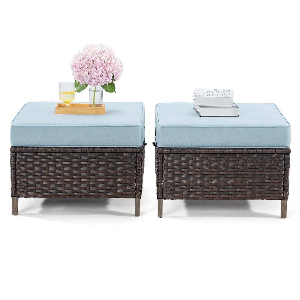 Set of 2 All-Weather Wood Outdoor Ottomans with Blue Cushion-Stylish, Comfo
