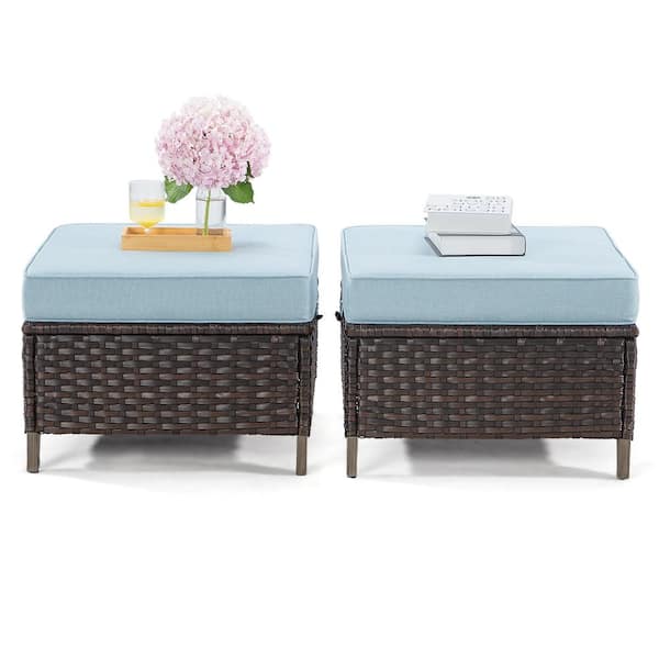 Unbranded Set of 2 All-Weather Wood Outdoor Ottomans with Blue Cushion-Stylish, Comfortable Footstools for Patio or Garden