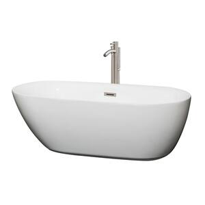 Melissa 65 in. Acrylic Flatbottom Center Drain Soaking Tub in White with Floor Mounted Faucet in Brushed Nickel
