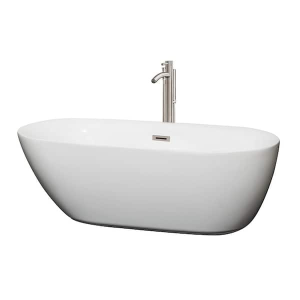 Wyndham Collection Melissa 65 in. Acrylic Flatbottom Center Drain Soaking Tub in White with Floor Mounted Faucet in Brushed Nickel
