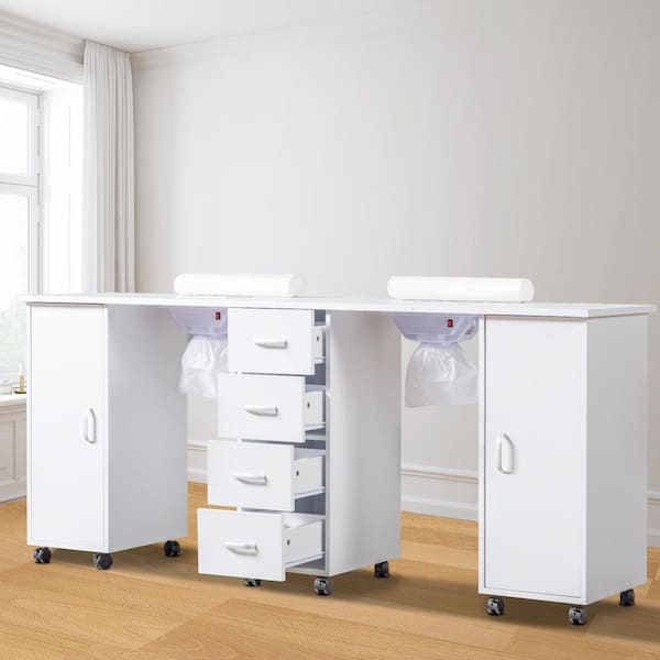 72.8 in. White MDF Manicure Nail Table Station for 2-Person 4-Drawers 2-Doors with Fan Beauty Spa Desk Salon Equipment