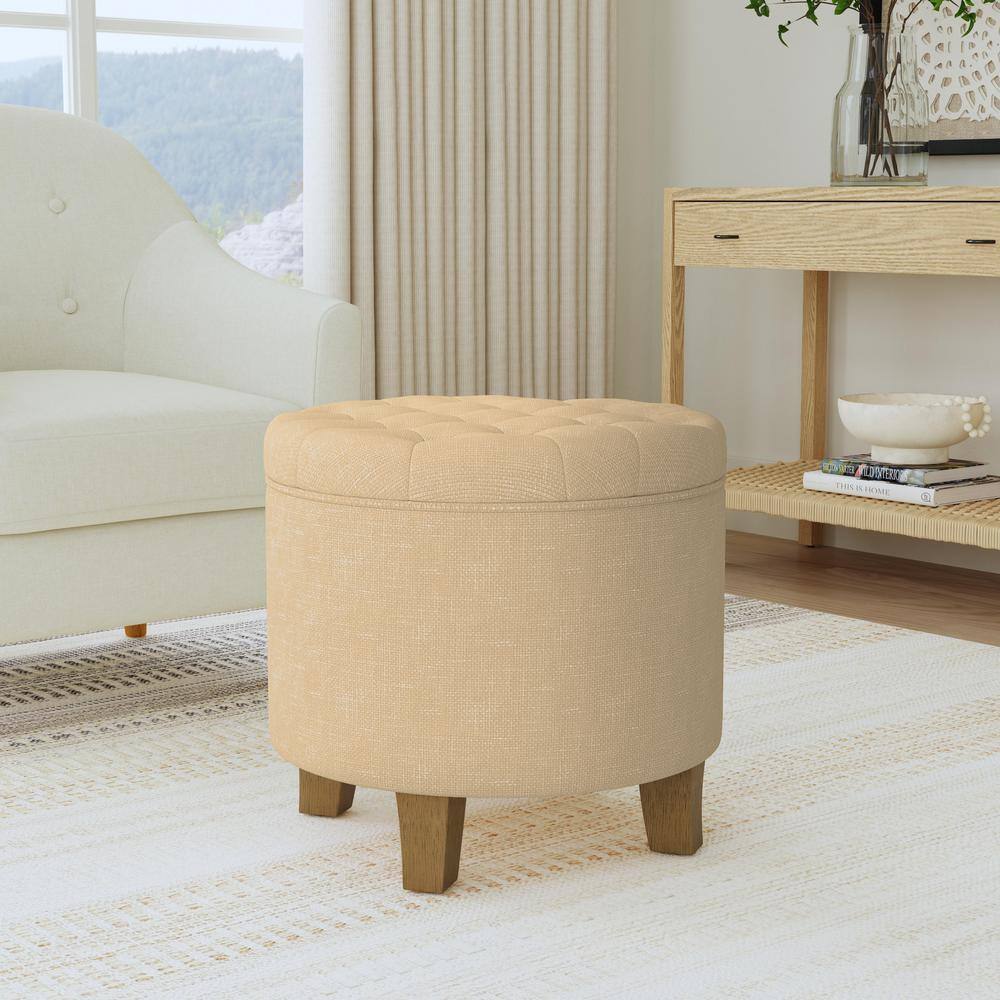 Light Tan Round Tufted Storage Ottoman with Wooden Legs