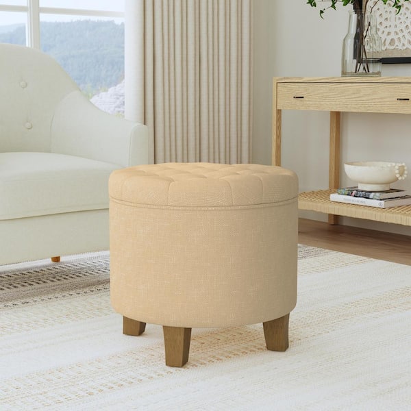 Homepop Button Tufted Light Tan Polyester Round Storage Ottoman with Lift-Off Lid