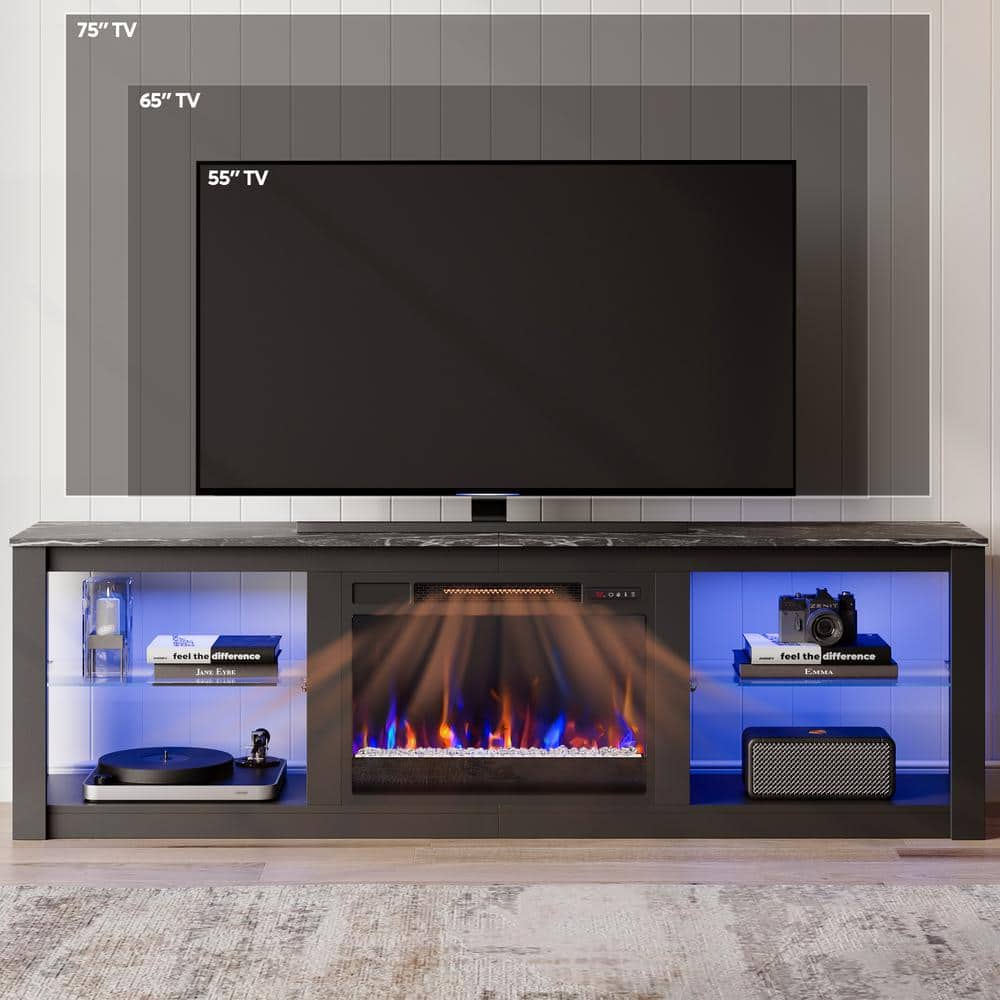 Black Modern Electric Fireplace TV Stand with LED Lights and Cabinet