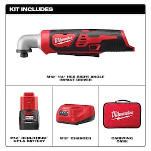 M12 12V Lithium-Ion Cordless 1/4 in. Right Angle Hex Impact Driver Kit W/(1) 1.5Ah Batteries, Charger & Case