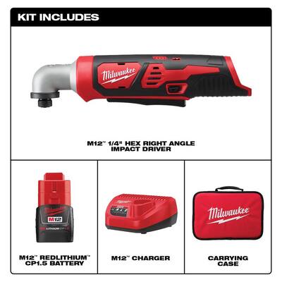 M12 12-Volt Lithium-Ion Cordless 1/4 in. Right Angle Hex Impact Driver Kit W/(1) 1.5Ah Batteries, Charger & Case