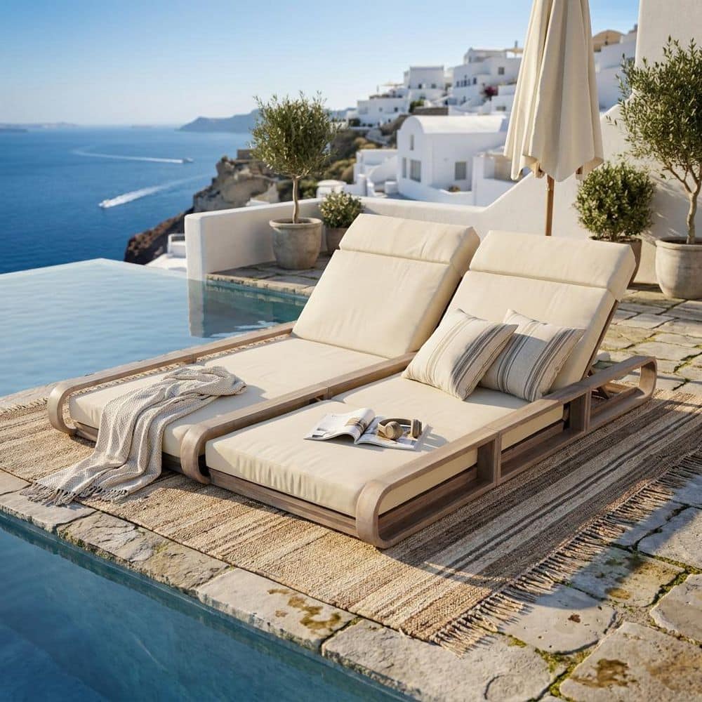 Adero Light White Acacia Wood Outdoor Patio Double Chaise Lounge with Two Beige 4-Fold Cushions