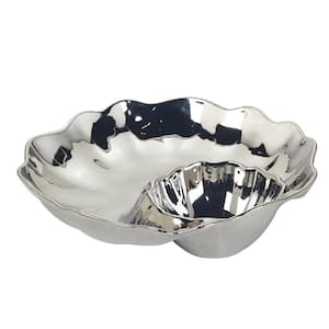 Silver Coast 11.75 in. Silver Porcelain Round Chip and Dip Server