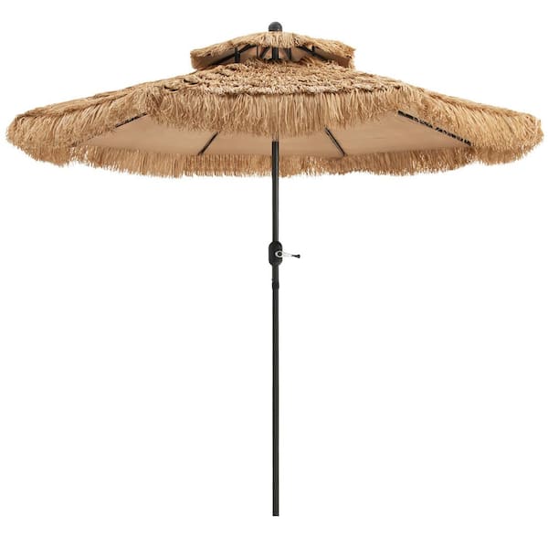 Clihome 9 ft. Thatched Tiki Umbrella 2-Tier Beach Umbrella Patio Umbrella in Natural Color with 8 Ribs