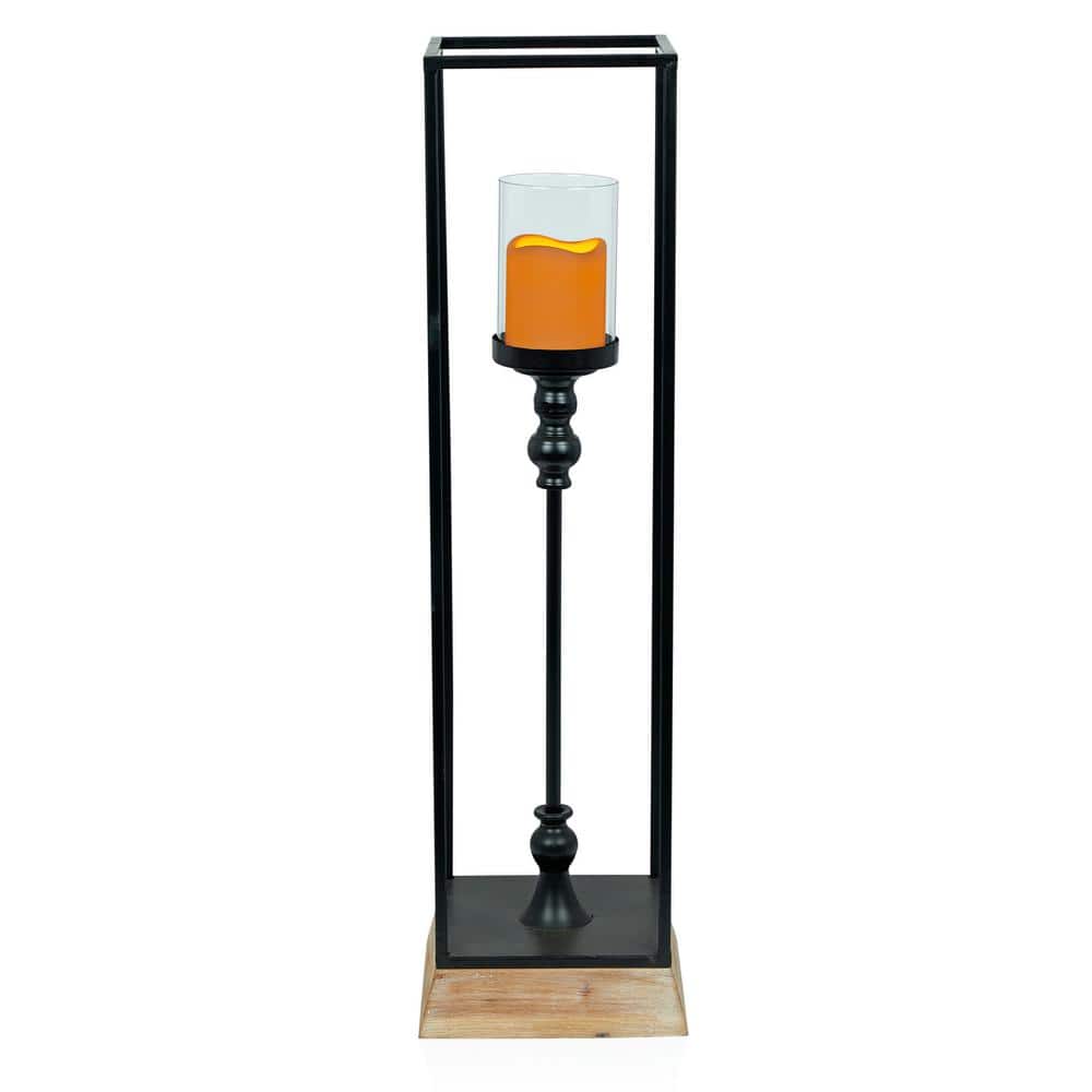 33 in. Black Metal and Glass Outdoor Lantern with Battery Operated LED Cand