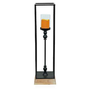 33 in. Black Metal and Glass Outdoor Lantern with Battery Operated LED Candle