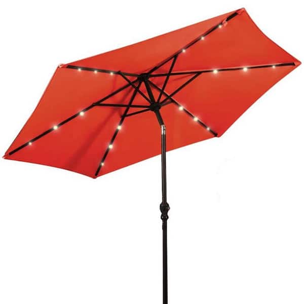 WELLFOR 9 ft. Steel Market Solar Tilt Patio Umbrella with Crank and LED Lights in Orange