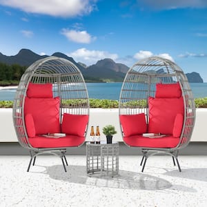 3-Piece Patio Wicker Swivel Lounge Outdoor Bistro Set with Side Table, Red Cushions