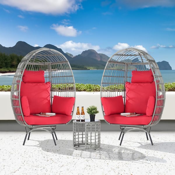 BFB 3-Piece Patio Wicker Swivel Lounge Outdoor Bistro Set with Side Table, Red Cushions