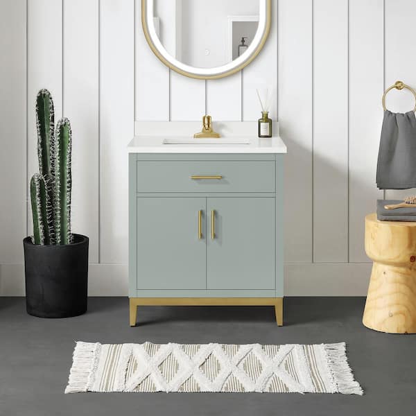 OVE Decors Diya 30 in. W x 22 in. D x 34 in. H Single Sink Bath Vanity in Sage Green with White Engineered Stone Top