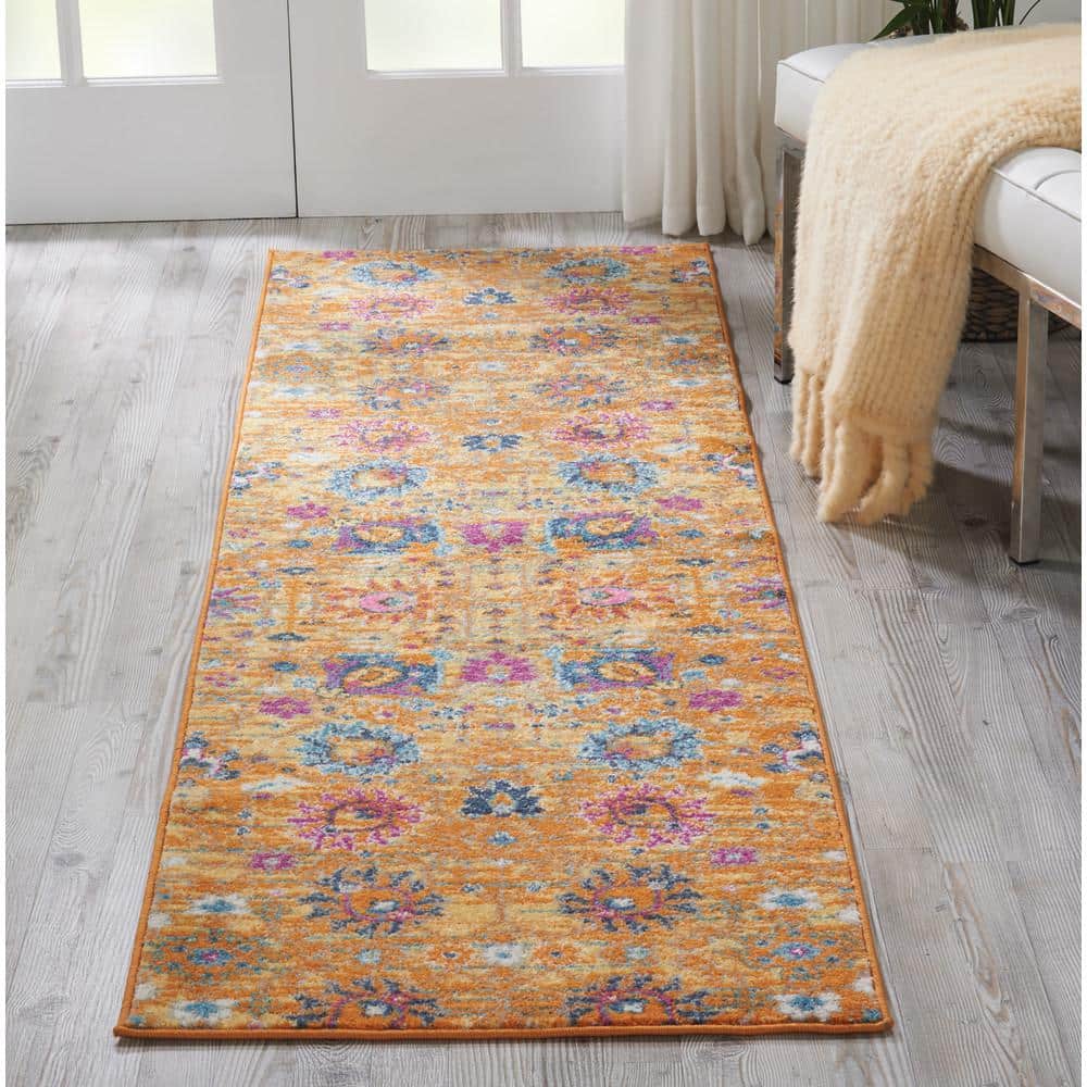 Sunny Yellow Geometric Runner Rug 2'2" x 7'6" with Persian Motifs