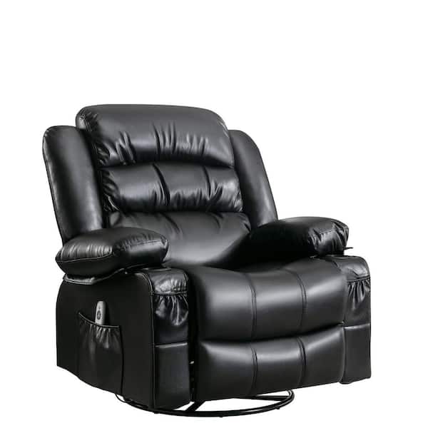 Metal Swivel Outdoor Recliner Chair with Black Cushion, Side Pocket 2-Cup Holders USB Charge Port, Vibration Massage