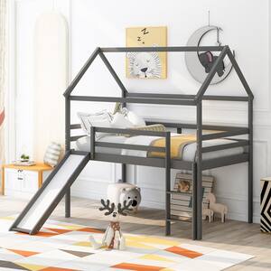 Harper & Bright Designs Gray Twin Size House Loft Bed with Slide and ...