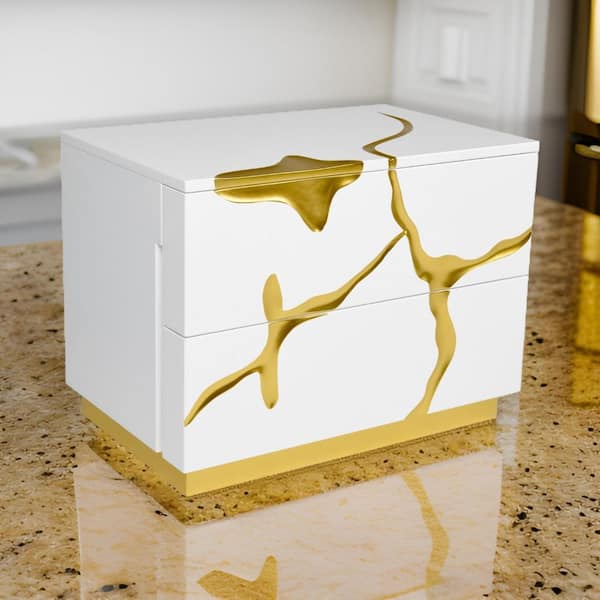 Benjara 28 in. White, Gold and Brown 2-Drawers Wooden Nightstand