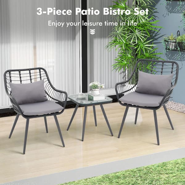 Yangming Gray 3-Piece Metal Frame Wicker Rattan Outdoor Bistro Set with Square Glass Top Coffee Table for Garden, Poolside