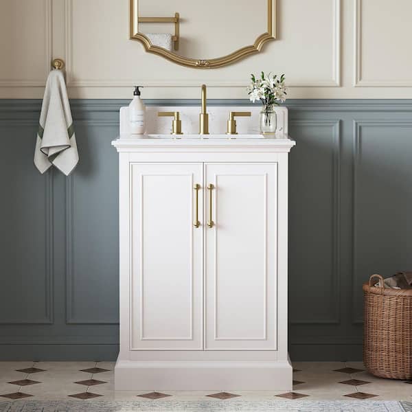 Ravenscroft 25 in. Single Sink White Swan Bath Vanity with Carrara White Engineered Stone Top (Assembled)