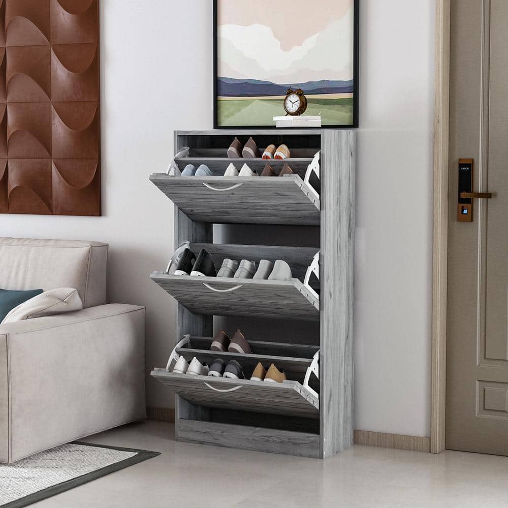 FUFU&GAGA 47.2-in H 3 Tier 18 Pair Grey Composite Shoe Cabinet in