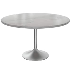 Verve Modern 48 Round Dining Table with Sintered Stone Tabletop in Chrome Stainless Steel Pedestal Base, White