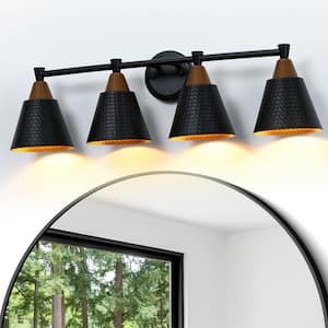 29.5 in. 4 Light Black and Wood Grain Bathroom Vanity Light with Hammered Metal Shade