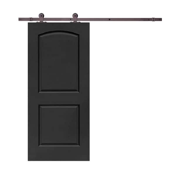 CALHOME 30 in. x 80 in. Black Stained Composite MDF 2-Panel Round Top Interior Sliding Barn Door with Hardware Kit