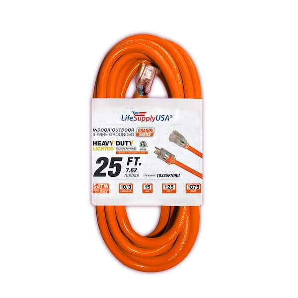 LifeSupplyUSA 25 ft. 10-Gauge/3 Conductors SJTW Indoor/Outdoor Extension Cord with Lighted End Orange (1-Pack)