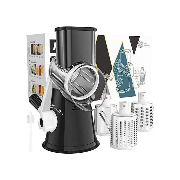 Rotary Cheese Grater Black Manual Shredder Hand Crank with 3-Blades Suction Base Free Cleaning Brush