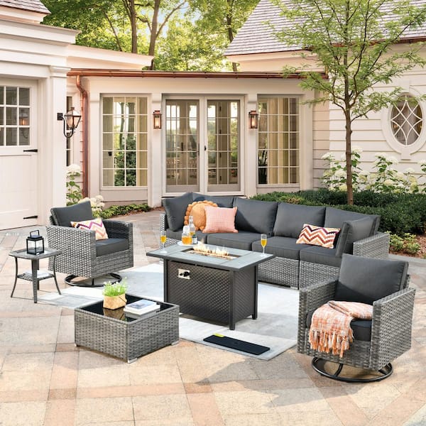 Toject Sanibel Gray 9-Piece Wicker Outdoor Patio Conversation Sofa Sectional Set with a Metal Fire Pit and Black Cushions