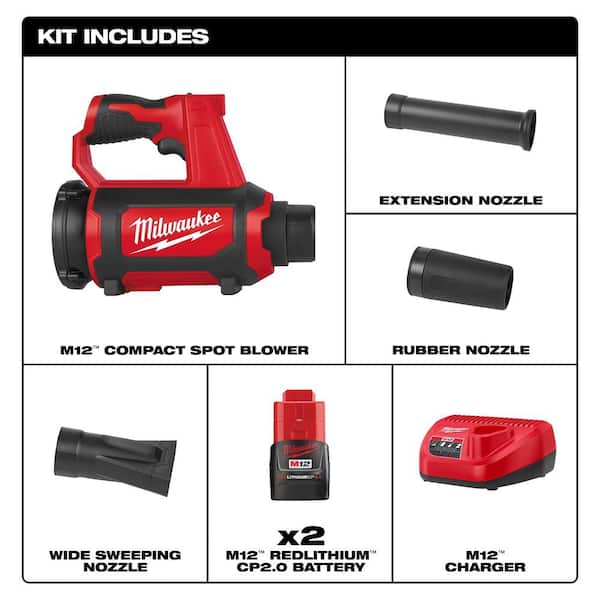 M12 12V Lithium-Ion Cordless Compact Spot Blower with M12 Compact 2.0 Ah Battery (2-Pack) Starter Kit and Charger