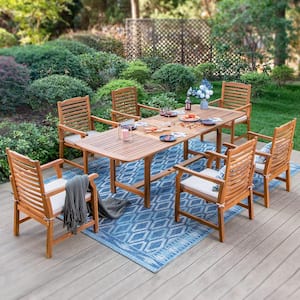 Brown 7-Piece Wood Patio Outdoor Dining Set With Extendable Table and Wood Chairs With Beige Cushion