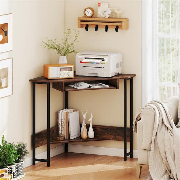 28.5 in. Triangle Corner Brown Steel Computer Desk Small Space Sturdy Desk Home Office with Keyboard Tray