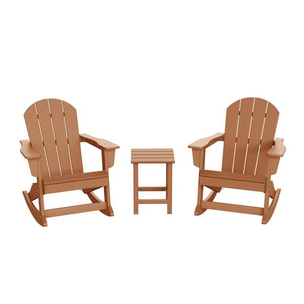 Laguna 3-Piece Fade Resistant Outdoor Patio HDPE Poly Plastic Adirondack Rocking Chairs and Side Table Set, Teak