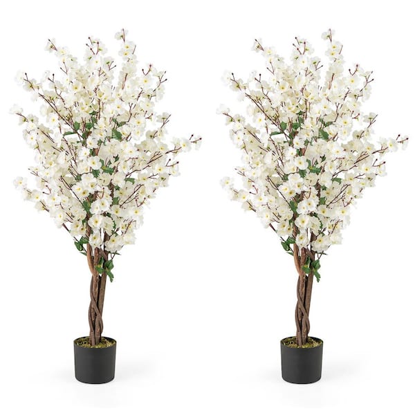 2PCS 47'' Artificial Winter Sweet Tree Faux Plum Blossom Plant w/ White Fabric Flower