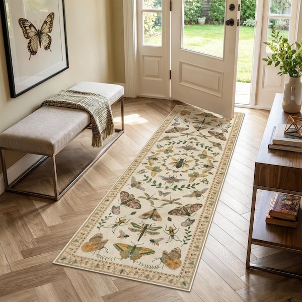 2 ft. x 6 ft. Beige Vintage Animal Insect Moth Washable Non Slip Entryway Kitchen Area Rug