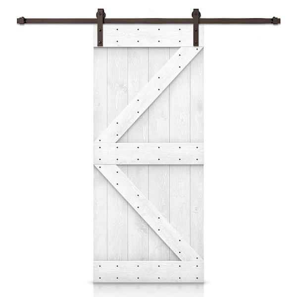 CALHOME 38 in. x 84 in. Distressed K Series Light Cream DIY Solid Pine Wood Interior Sliding Barn Door with Hardware Kit