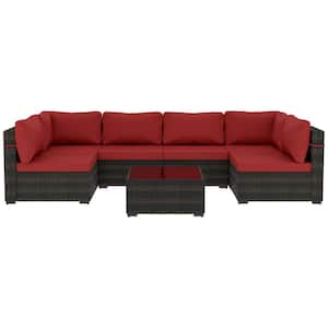 7-Piece Wicker Patio Conversation Sectional Seating Set with Coffee Table for Garden, Backyard, Lawn, Red