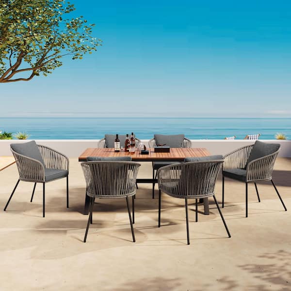 Oyezvary 7-Piece Wood Outdoor Dining Set with Gray Cushion, Dining Table and Chairs-Acacia Wood Tabletop and Metal Frame