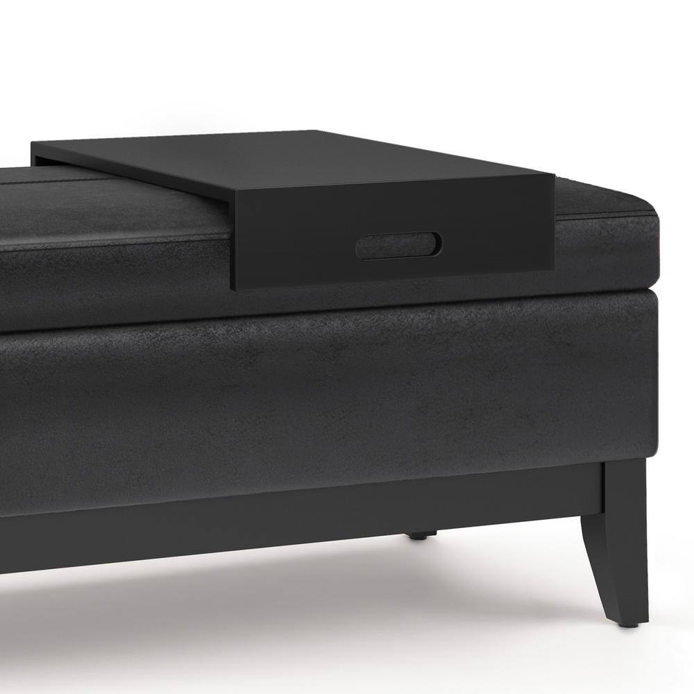 Distressed Black Tufted Footstool Ottoman with Sturdy Tray