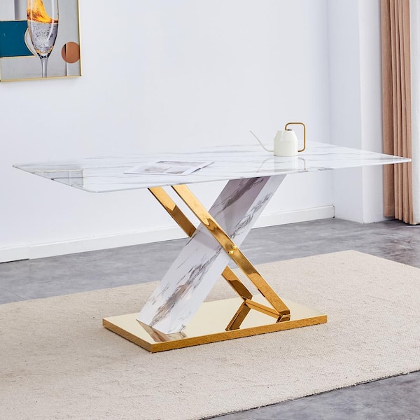 Polibi Modern White Glass 63 in. Pedestal Dining Table Seats 4-6 with X-Shaped Legs and Stainless Steel Base