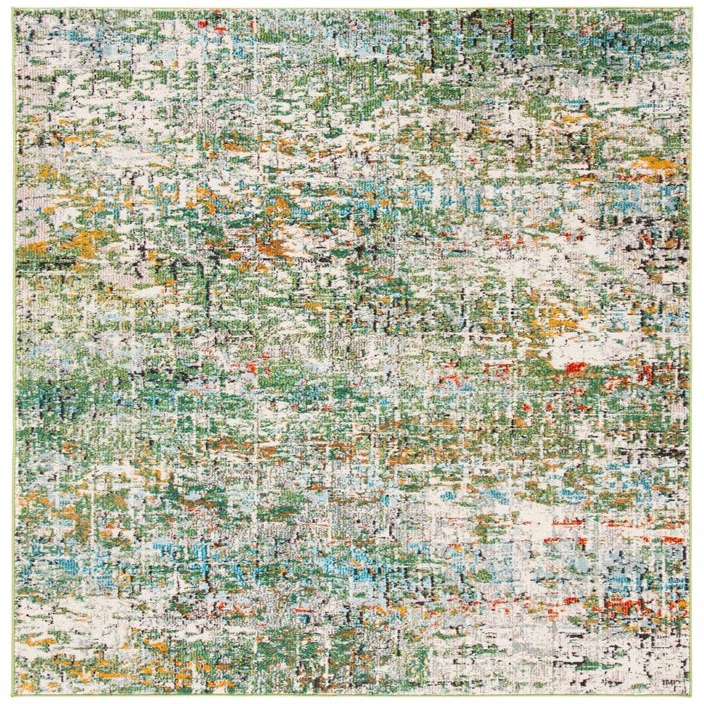 Green and Turquoise Abstract 5' Square Synthetic Area Rug
